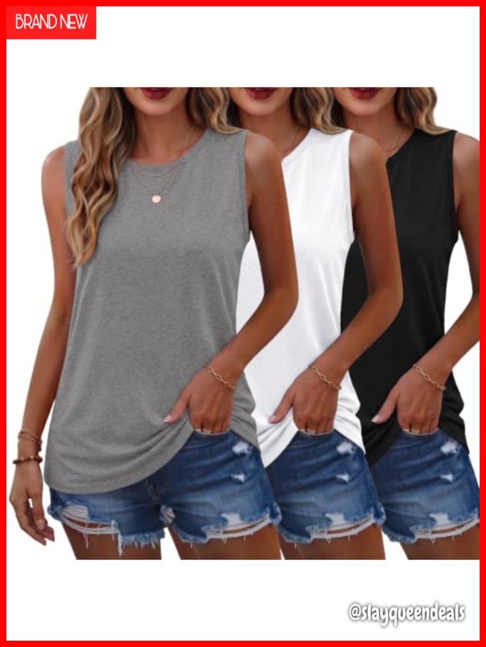 3 Pack Womens Tank Tops Crew Neck Sleeveless Summer Shirts Loose Fit